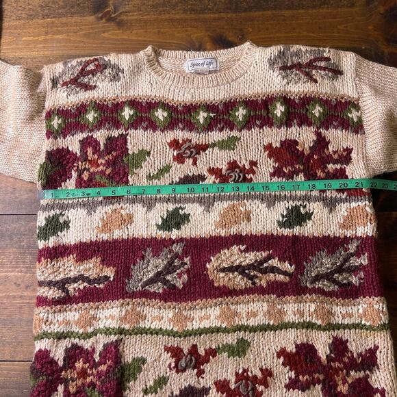 Vintage 90s Spice of Life Fall Leaves Autumn Cream Red Knit Sweater Womens Large - Picture 10 of 11